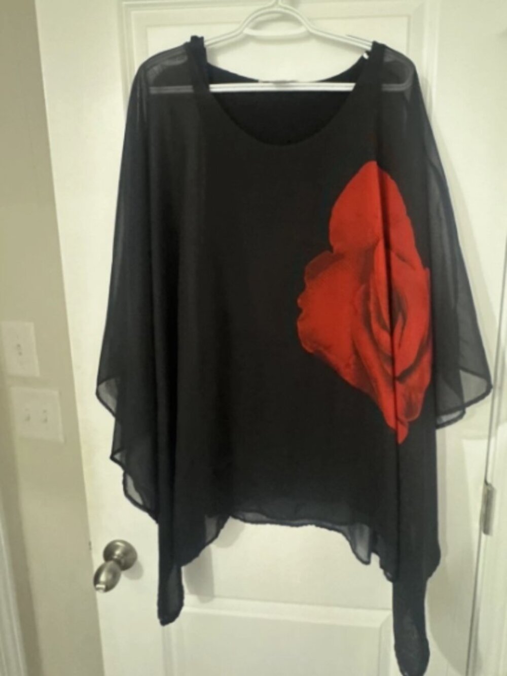Masseys Black Sheer Chiffon Poncho Tunic with Red Rose Graphic